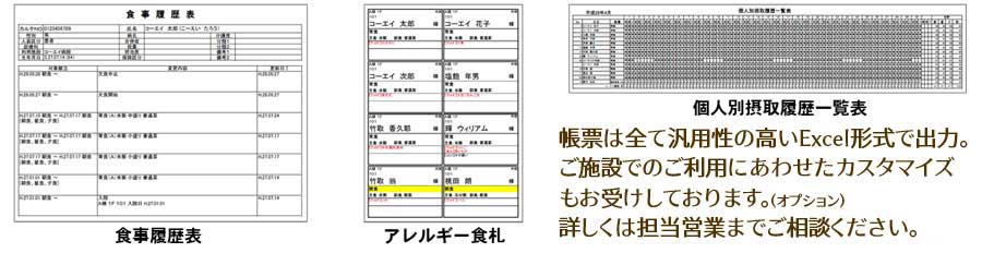 食事履歴表・アレルギー食札・個人別摂取履歴など使える帳票を多数ご用意!