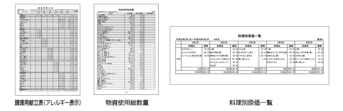 アレルギー表示のできる献立表から物資使用量、原価一覧表も簡単エクセル出力!